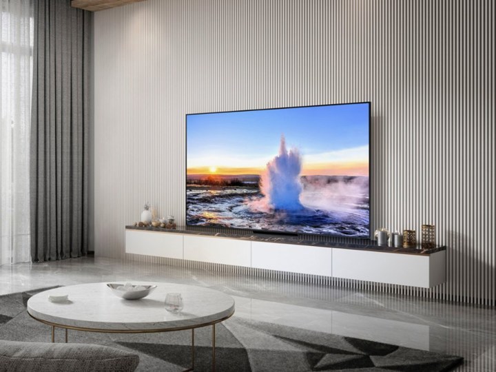 The Samsung QN800C QLED 8K TV on a media cabinet in a living room.