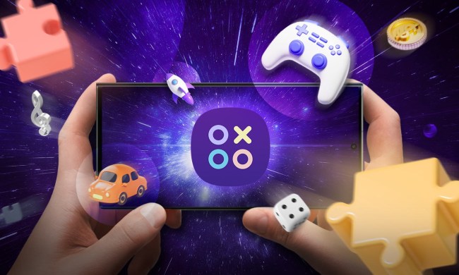 A computer generated image of a Samsung phone with a gaming hub logo on it. It's surrounded by floating game iconography, like a controller, a die, and a car.